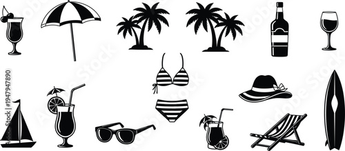 Summer beach vacation icon set, tropical leisure elements including cocktail, palm trees, bikini, sunglasses, surfboard and chair, travel holiday vector illustration