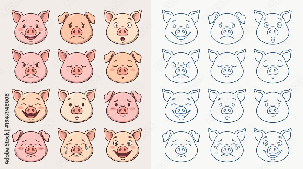 Fototapeta premium Collection of Pig Faces Showing Various Emotions and Expressions, Both in Color and Outline.