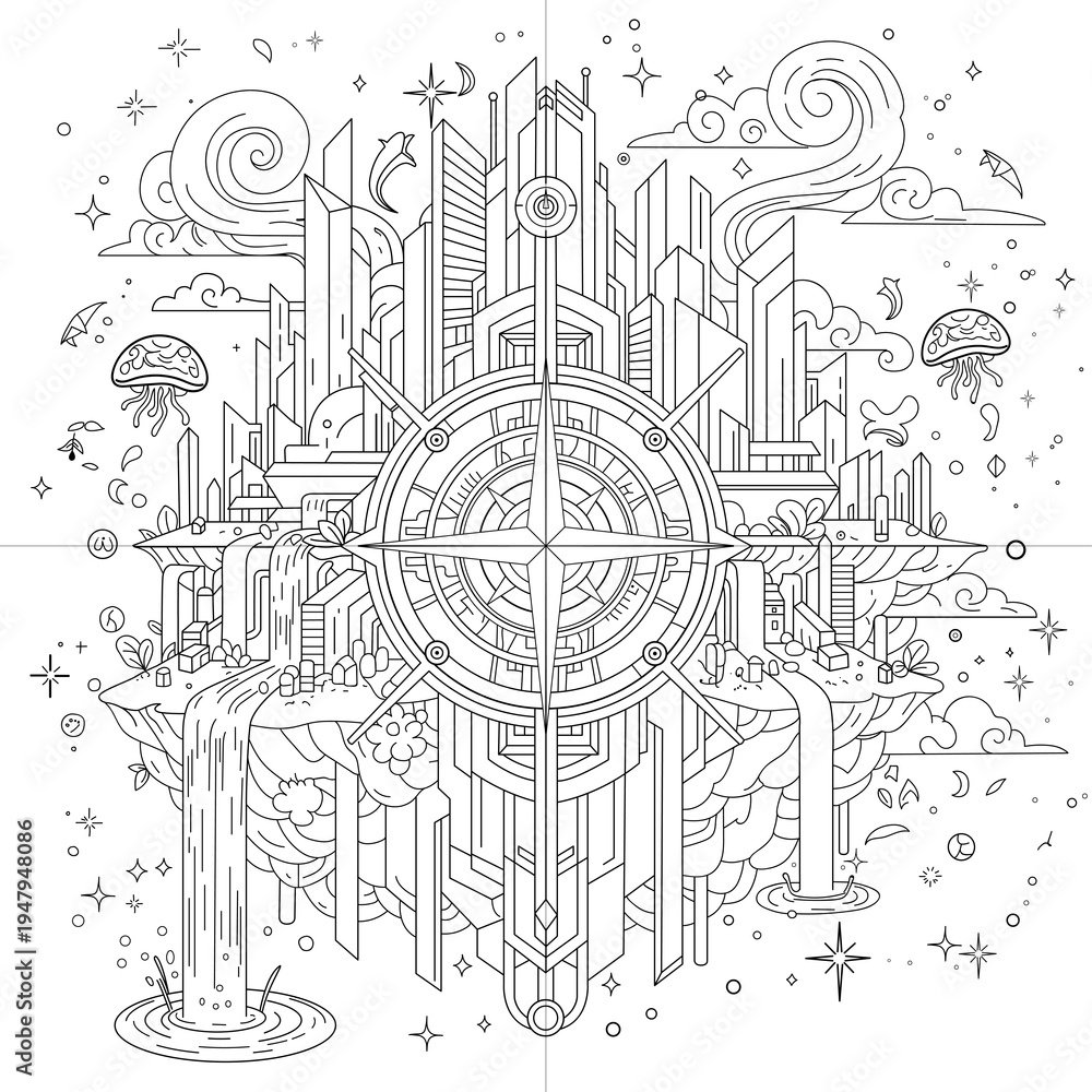 Obraz premium Futuristic floating city with compass rose and waterfalls, geometric line art illustration for coloring book.