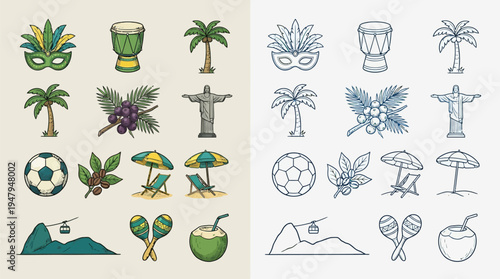 Collection of colorful and monochrome illustrations representing iconic symbols and elements of Brazilian culture and tourism.