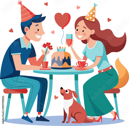 Girl, guy sit at festive table with cake, kiss dog, white background
