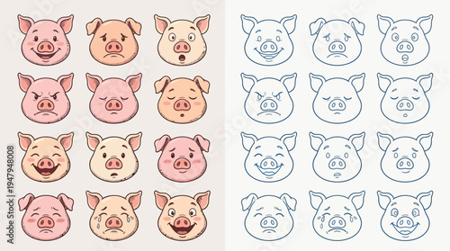 Collection of Pig Faces Showing Various Emotions and Expressions, Both in Color and Outline.