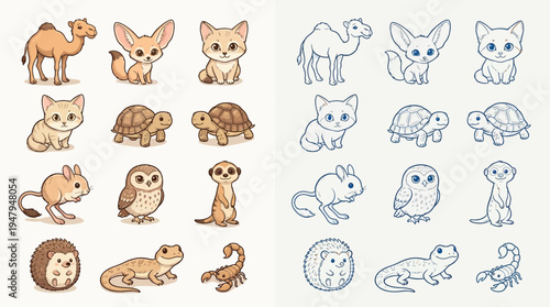 Collection of cute cartoon desert animals and their line art counterparts, including camels, fennec foxes, cats, tortoises, gerbils, owls, meerkats, hedgehogs, lizards, and scorpions.