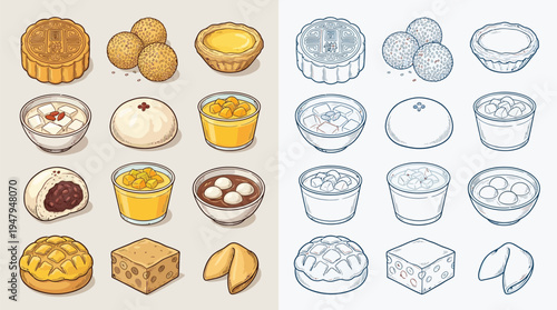 A collection of traditional Asian desserts and pastries, presented in both colored and line-art illustrations.