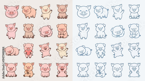Collection of cute cartoon pigs in various poses and expressions, presented in both colored and outline versions.