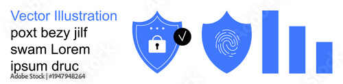 Cybersecurity, data protection, identity verification, authentication, digital safety, encryption. ion of security shields with lock and fingerprint, along with bar graph. Cybersecurity and data