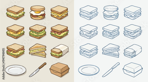 Isometric illustrations of various sandwiches, including breakfast sandwiches, club sandwiches, and wrapped sandwiches, alongside plates, knives, and takeout containers.