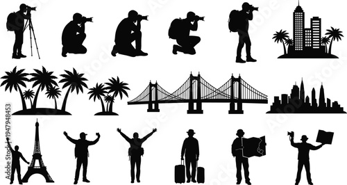 Travel and tourism silhouette collection, photographer, traveler, landmarks, bridge, city skyline, palm trees and tourist activities set, adventure vacation vector illustration