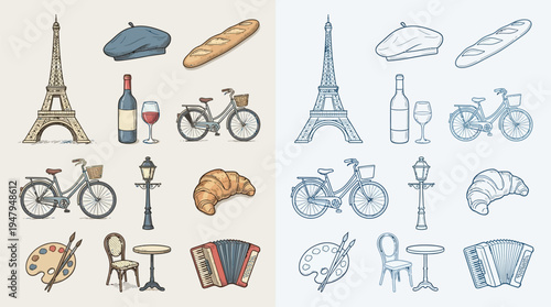 A collection of iconic French symbols and items, including the Eiffel Tower, berets, baguettes, wine, bicycles, croissants, and accordions, presented in both colored and line-art styles.