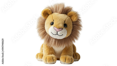 Tableau sur toile Isolated cute plush lion toy sitting, smiling, with a soft fluffy mane, ready fo