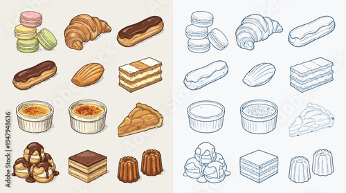 A collection of colorful and line-art illustrations of French pastries and desserts, including macarons, croissants, eclairs, and tarts.