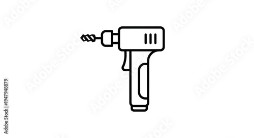 Black and white line art icon of a cordless drill with a drill bit, isolated on white background.