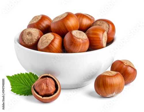 Hazelnuts fill a white bowl, and one sits broken open next to a vibrant green leaf on a bright background