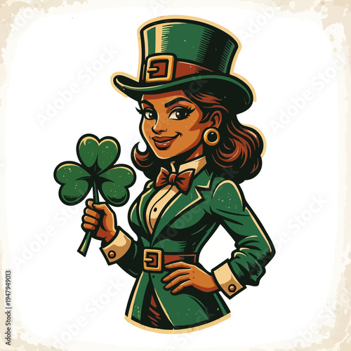 Charming African American Woman in Leprechaun Attire Holding a Shamrock.