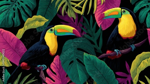 Seamless tropical toucan pattern with colorful birds perched on branches