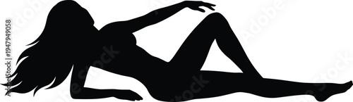 Beautiful woman lying down silhouette, elegant female body profile with long hair, relaxation and wellness concept, black and white vector.