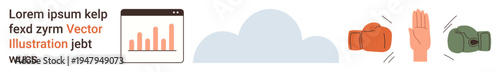 Technology, data visualization, conflict management, cloud computing, teamwork, protection. Bar chart, cloud boxing gloves raised hand. Data visualization and conflict management in focus