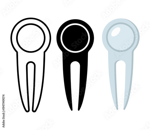 golf divot repair tool icons, flat vector sports equipment set