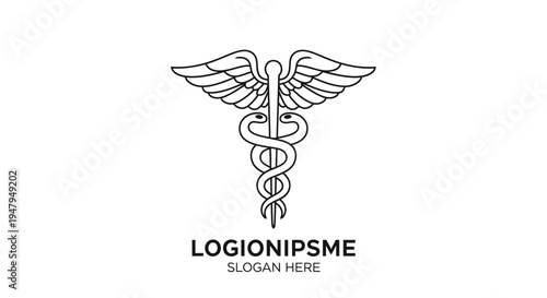 Minimalist black and white Caduceus symbol line art. Outline medical and healthcare icon for health, pharmacy, and doctor concepts.