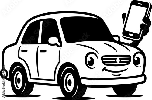 Cute cartoon car character holding a smartphone. Black and white vector illustration of a smiling vehicle mascot using a mobile phone for ride-sharing or GPS app.