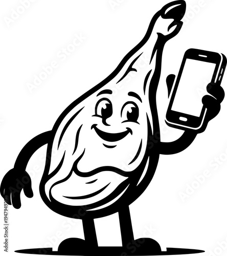 Spanish ham leg (jamon) cartoon character holding a smartphone. Black and white vector mascot of a smiling serrano ham using a mobile phone for food delivery or gourmet app.