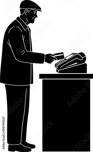 Senior man using a credit card at a payment terminal. Black and white silhouette vector of an elderly male paying at a cash register, representing retail commerce and digital payments.