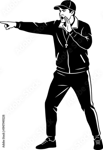 Angry sports coach wearing tracksuit and cap shouting and pointing. Black and white vector illustration of an athletic trainer yelling commands and giving instructions.