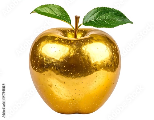 Gleaming golden apple with a short stem and bright green leaves, isolated on a white background, highly reflective surface