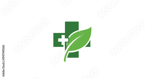 Green medical cross and leaf icon representing natural health, herbal medicine, holistic wellness, and ecological therapy