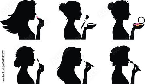 Beautiful woman silhouette applying makeup set, cosmetics beauty routine icons, female face profile with lipstick and brush, salon fashion accessories, isolated.