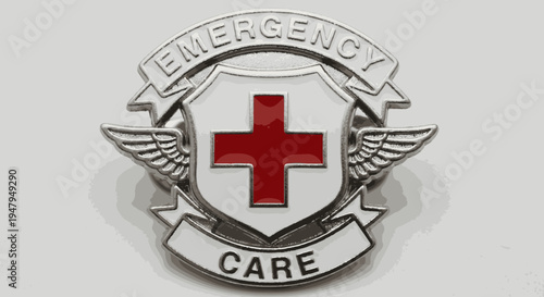 Silver metallic emergency medical care emblem badge with red cross symbol and wings, signifying urgent healthcare services