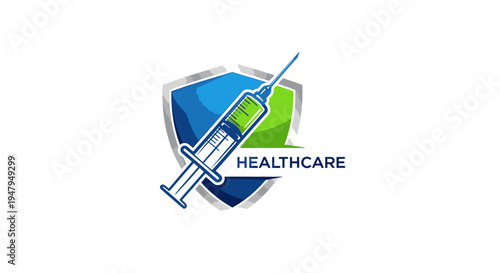 Healthcare shield and syringe icon. Medical protection symbol for vaccination, health security, and drug injection logo concept.