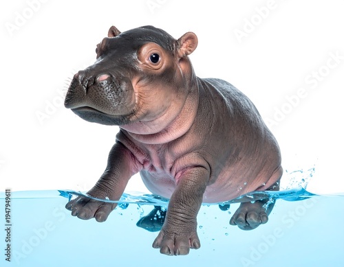 Hippo calf, immersed chest-deep in blue water, skin glistening, looks left against a bright, white background