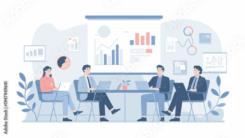 A group of business professionals sitting around a conference table with laptops and discussing data on a projector screen