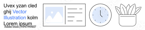 Time management, productivity tools, office organization, design templates, scheduling, digital media. Minimalistic icons of a card, clock and plant. Time management and productivity tools concept