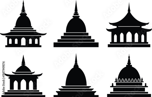 Buddhist temple pagoda silhouette set, Asian religious landmark icons, Thailand stupa architecture, orsanctuary buildings, spiritual heritage monuments, traditional shrine silhouettes, isolated.
