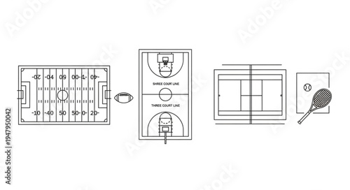 Diagrams of sports fields for volleyball, basketball, tennis, badminton.
