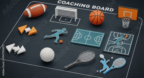 Sports Coaching Board with Miniature Equipment and Player Figures.