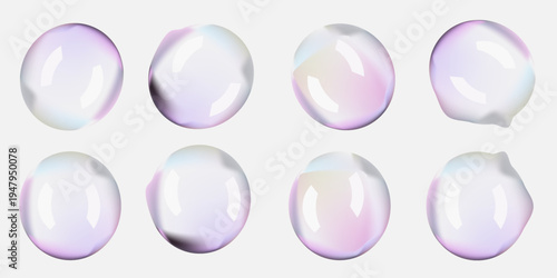 Transparent soap foam balls in air. 3D iridescent rainbow spheres and textured circles float on white png. Glass plastic mirror reflections on big bath bead. Shiny pastel blown day-dreaming bubbles