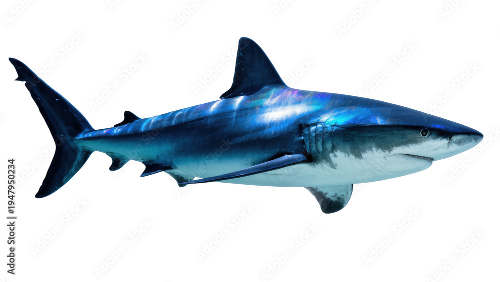 Obraz premium Isolated blue shark, powerful ocean predator, side view marine animal with sleek body