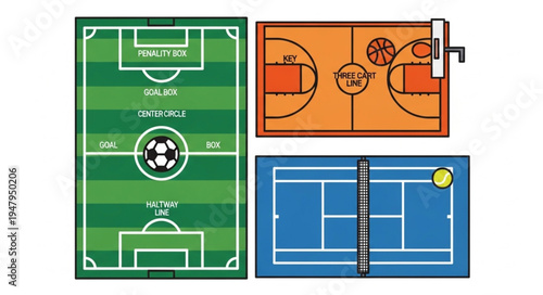 Illustration of Soccer, Basketball, and Tennis Courts for Sports.