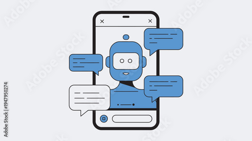 A blue robot character on a smartphone screen surrounded by speech bubbles for chat and communication