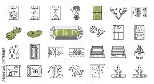 Collection of Sports Field and Equipment Icons.