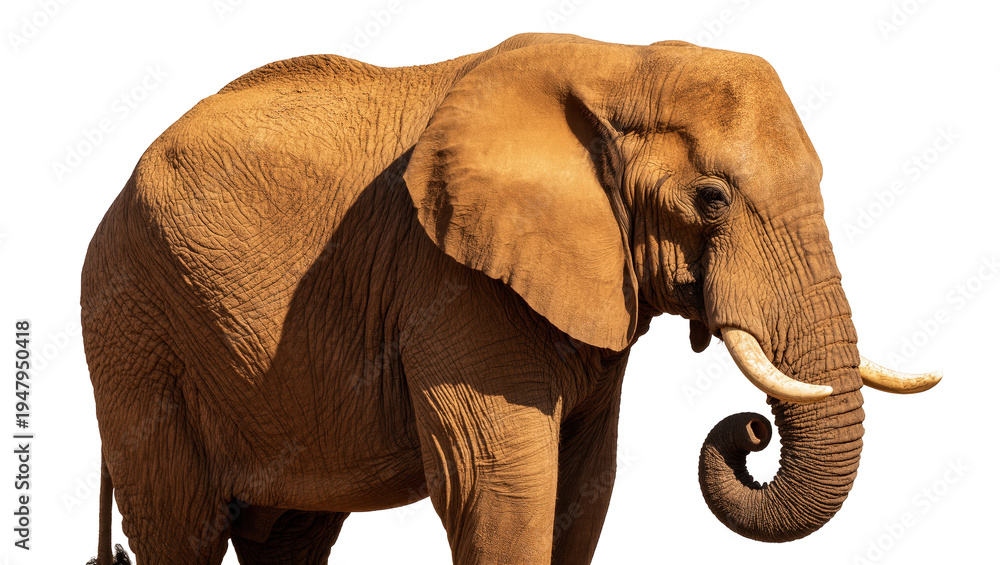 Fototapeta premium Isolated African elephant standing in profile, showcasing majestic tusks and wrinkled skin