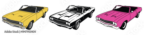 Set of classic convertible muscle cars in yellow black and pink color