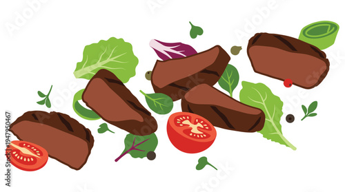 Cooked meat steaks with herbs and tomatoes flat vector illustration