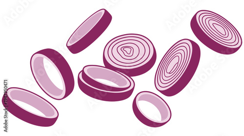 Red onion rings and slices flat vector illustration isolated on background