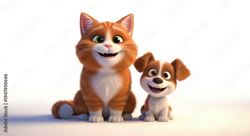 Fototapeta premium A cheerful orange tabby cat and a small brown and white puppy sitting side-by-side with happy expressions.