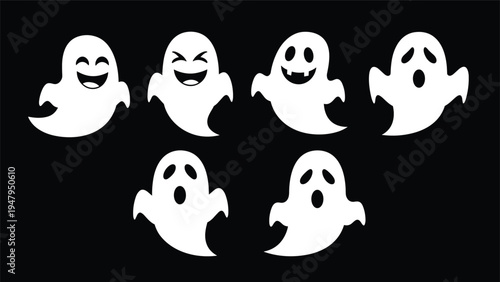 Collection of white ghost silhouettes with diverse facial expressions against a black background for halloween and spooky decorations.