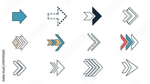 Diverse collection of arrow icons and pointers in various styles including solid, outlined, multi-layered, and dashed designs for navigation.